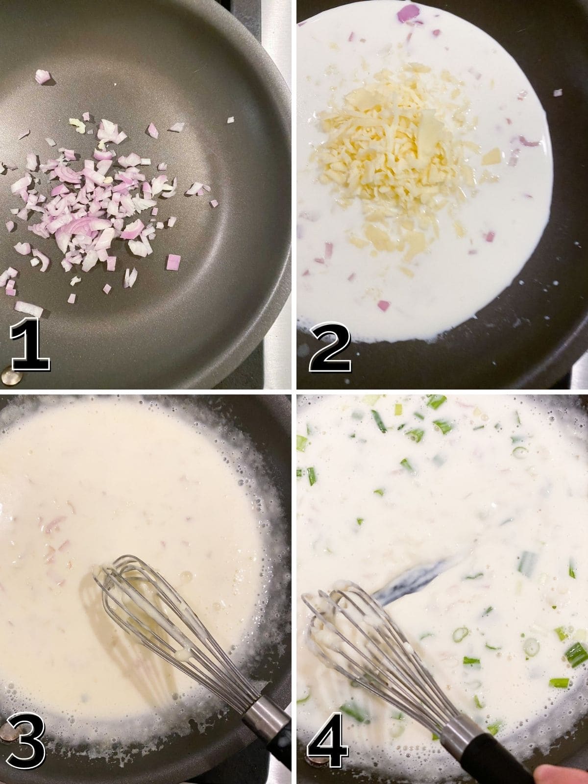A step by step photo collage on how to make queso by adding in shallots, whisking in cheese, and thickening.