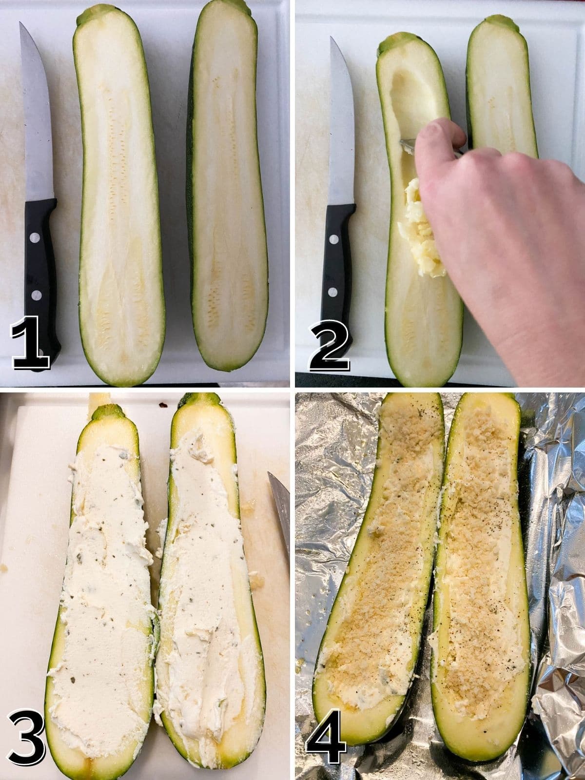 Four images showing how to scrape out the zucchini to make a boat and stuff it with cheese.
