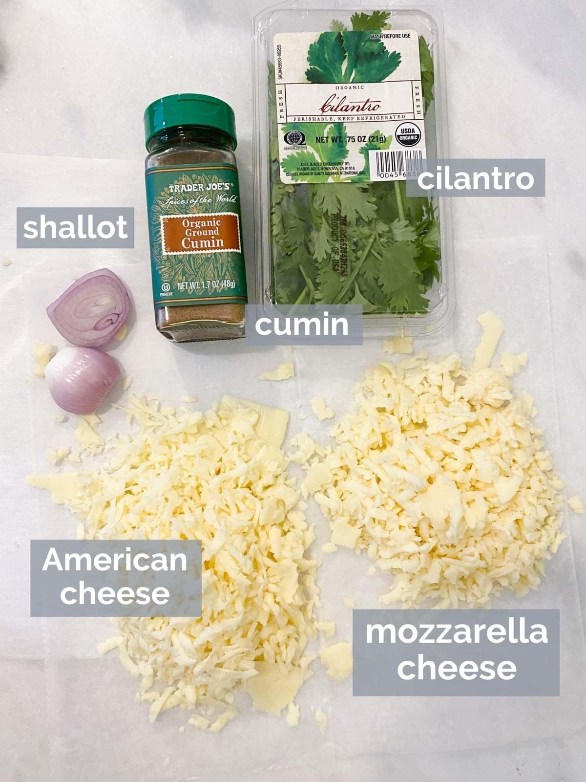 Mozzarella, american cheese, shallot, cumin, and cilantro on a white table
