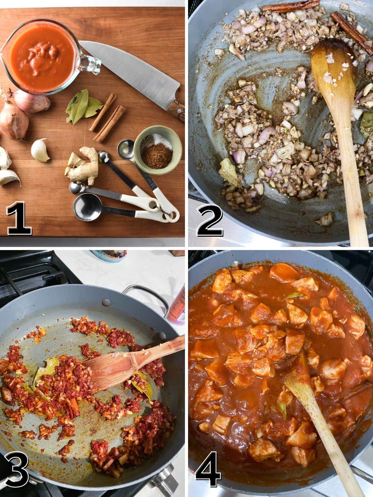 A step by step process for making chicken ruby curry from ingredients, to warming spices, and adding chicken in a pan.