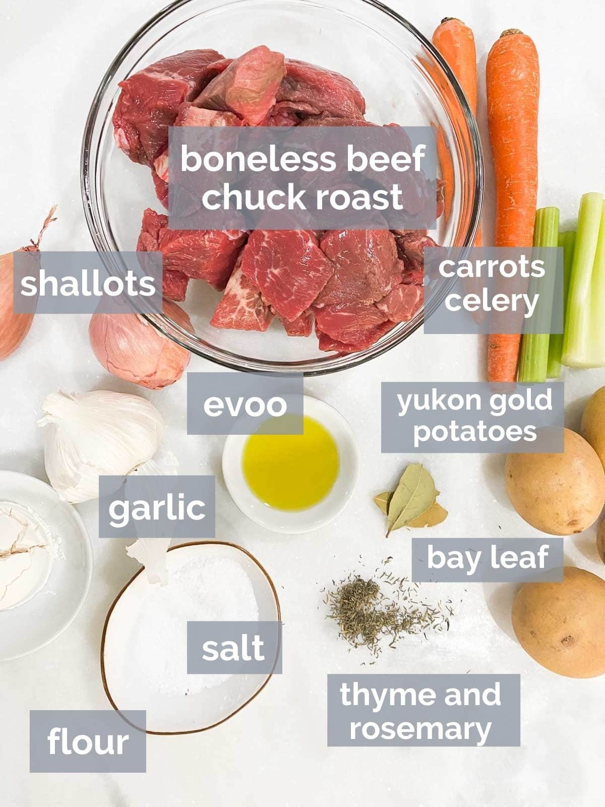 Beef chuck roast, carrots, celery, spices, and potatoes on a white table