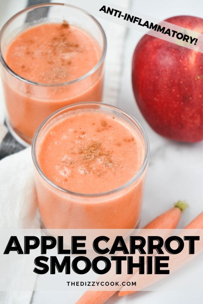 Two apple carrot smoothies on a white table