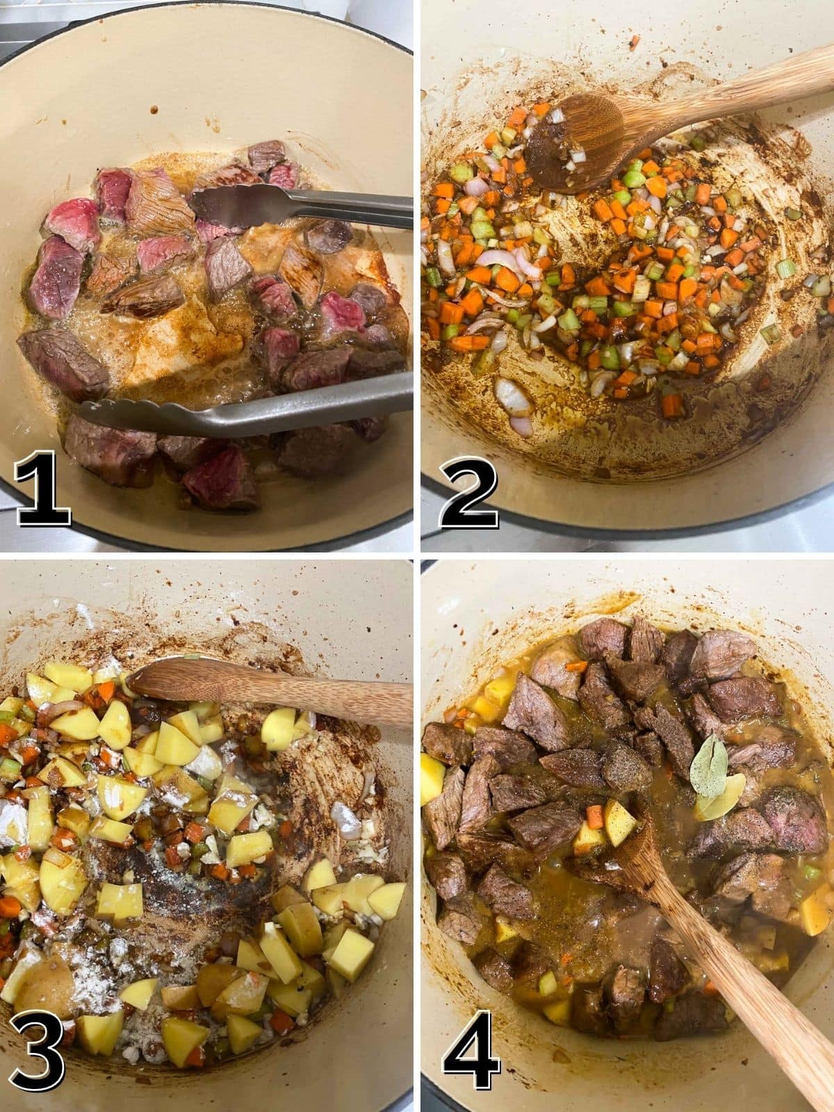 Step by step process photos for how to make a beef stew from pan searing the beef to stirring in the vegtables