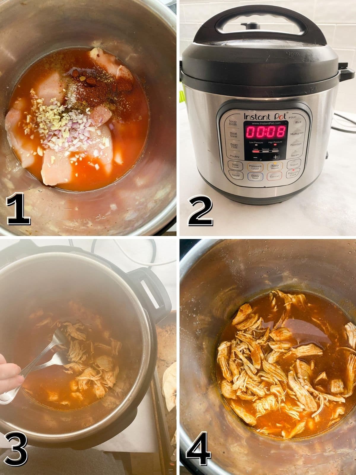 Placing spices and chicken in an instant pot, putting the cover on, and shredding the chicken