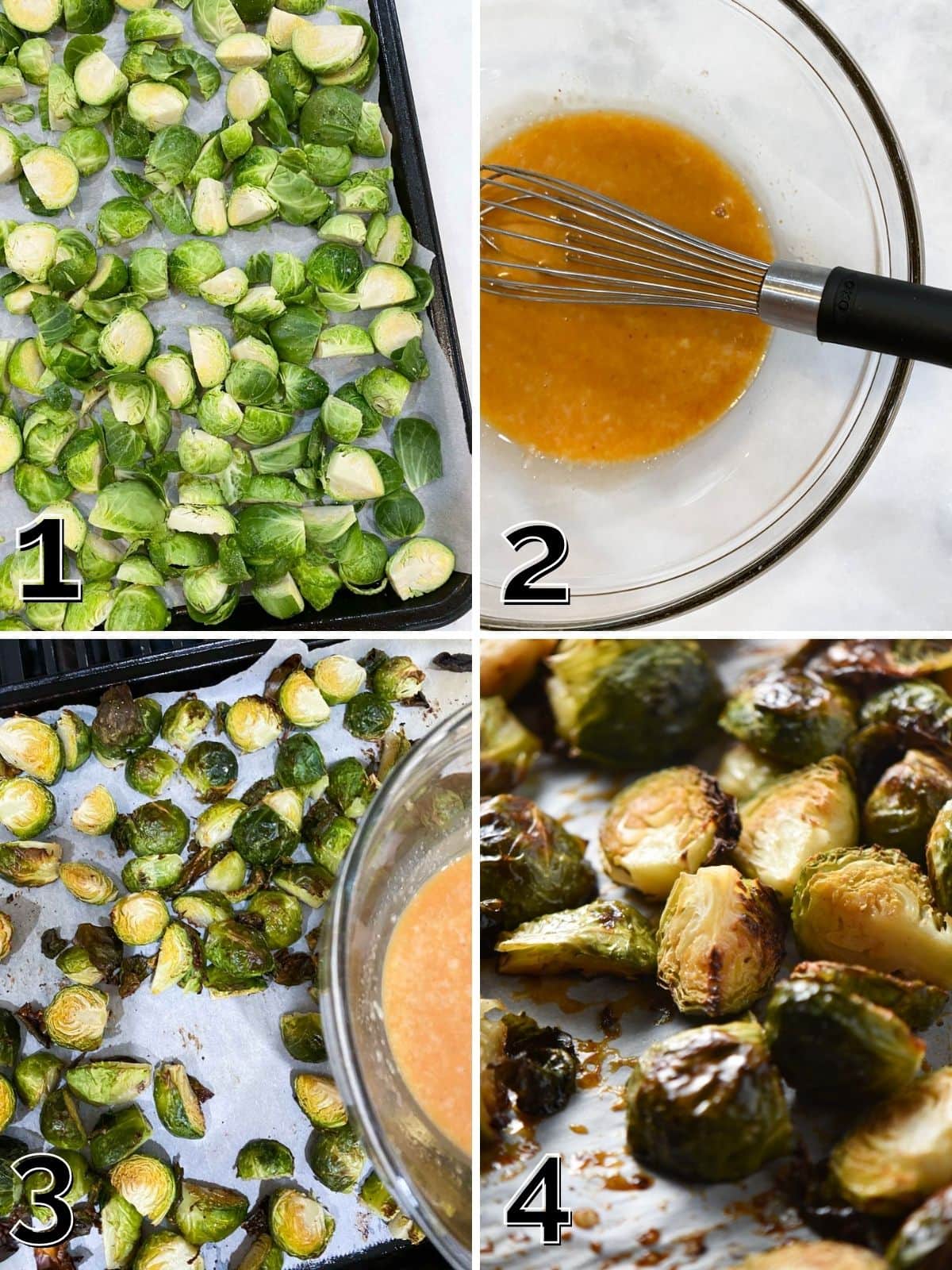Step by step grid for roasting brussels sprouts, making bang bang sauce, and tossing with sprouts