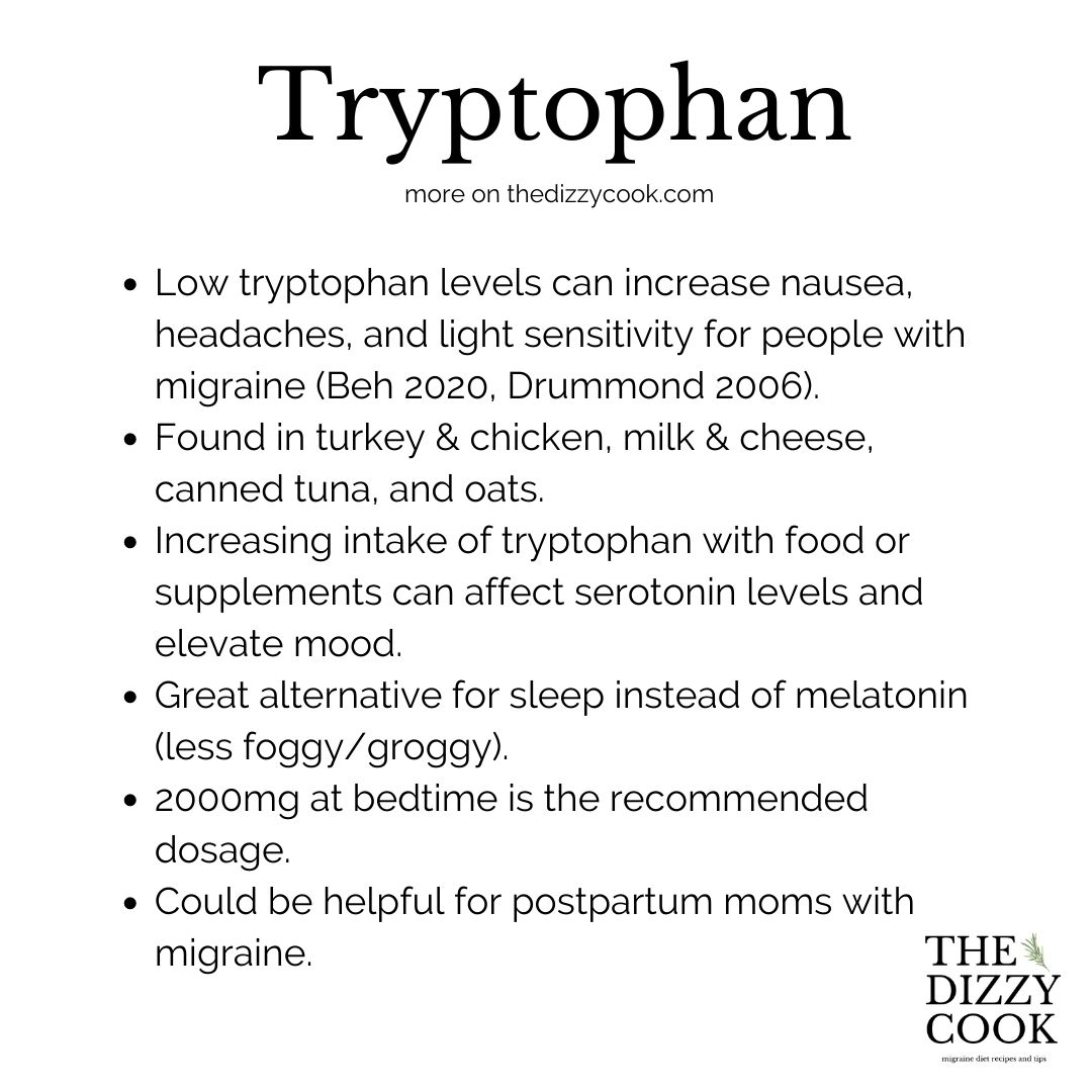 A chart explaining the benefits of tryptophan for migraine like improved mood and sleep.