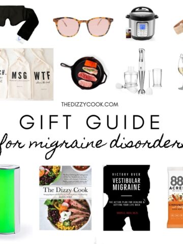 An infographic with "gift guide for migraine disorders" and books, glasses, and other gifts surrounding the title