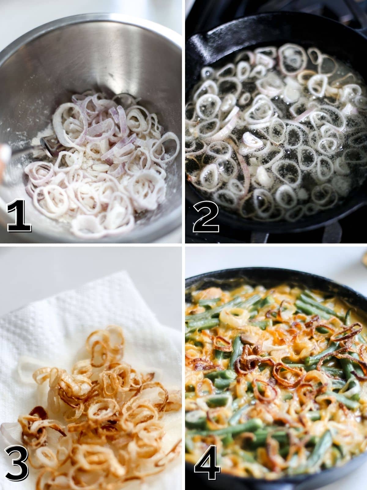 A step by step process of making fried shallots, covering in flour and frying in oil.