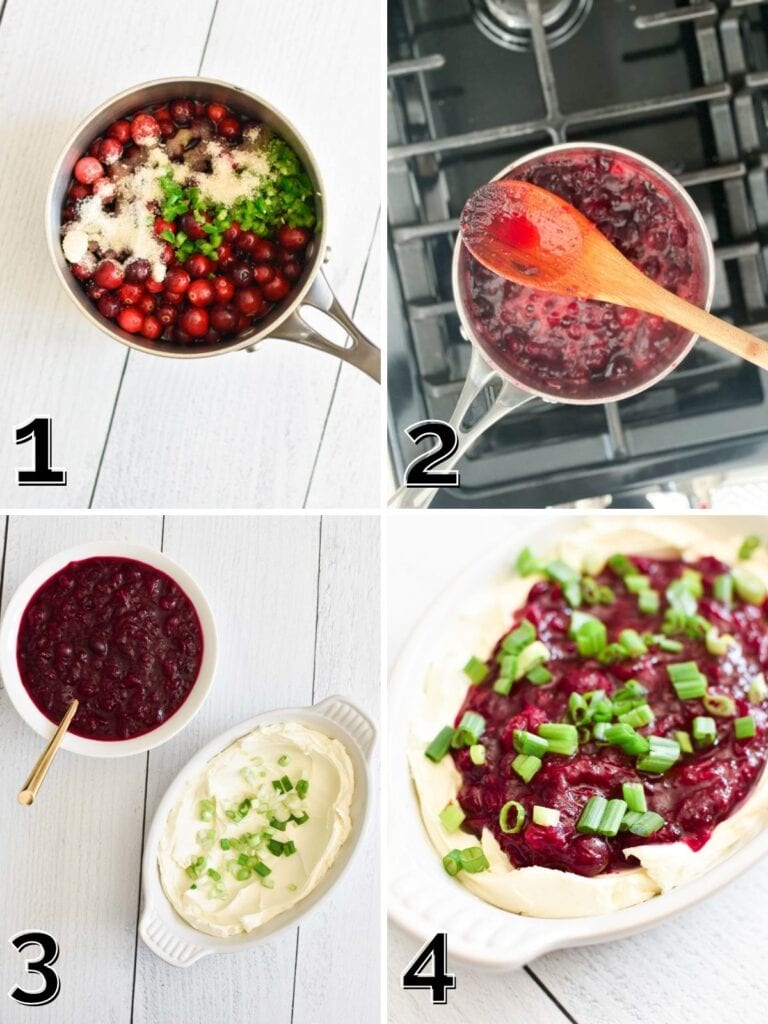 Step by step photos showing how to make cranberry sauce, spread out cream cheese, and fill the bowl with dip.