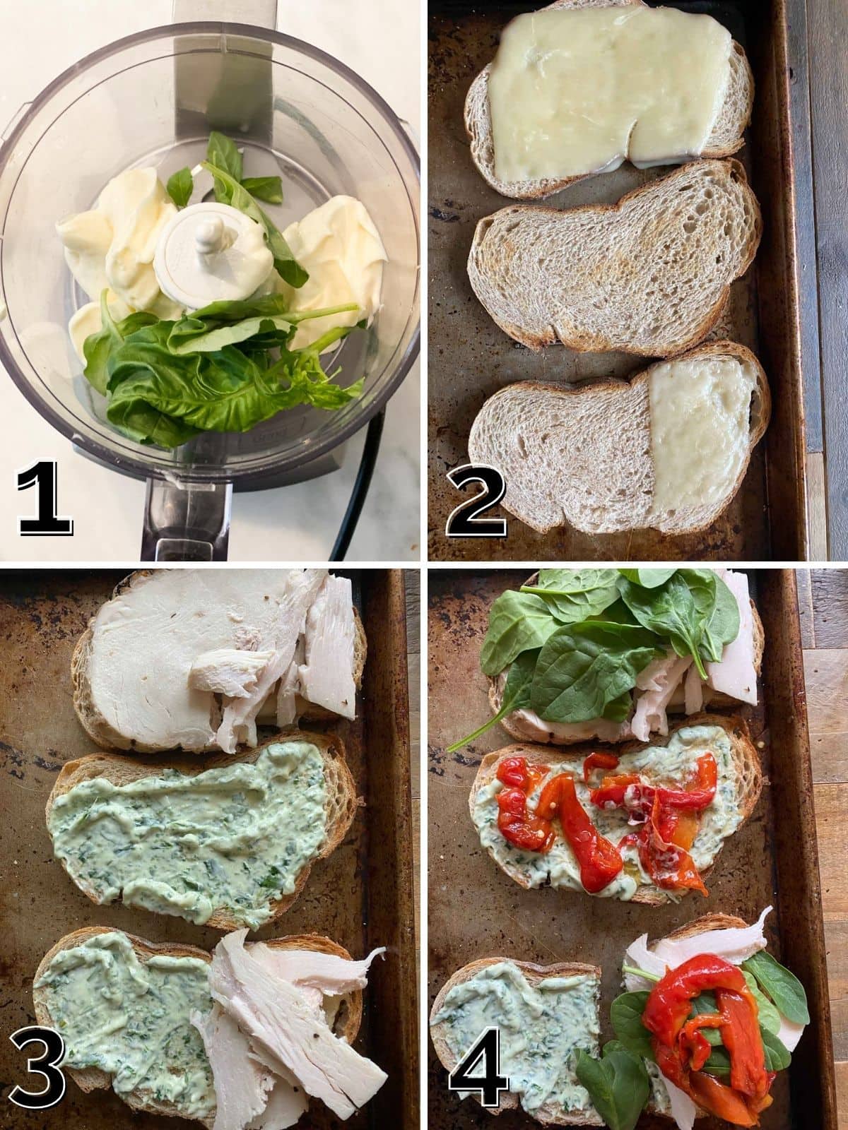 A step by step process of making a sandwich - making the pesto mayo, spreading it on bread, melting cheese, and assembling the sandwich.