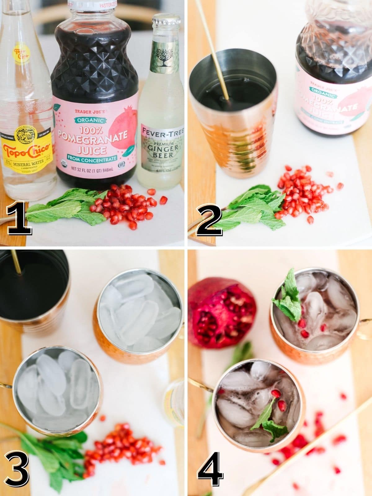 A step by step process for making mojito mocktails from adding juice and mint to pouring into glasses.
