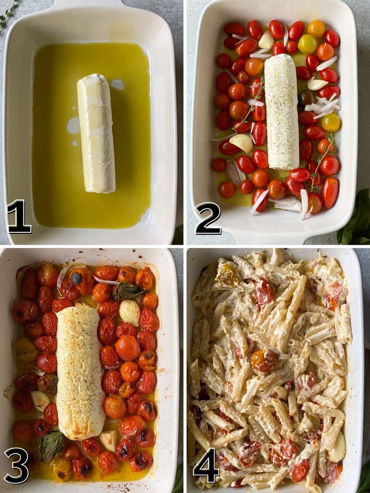 A step by step process for baking goat cheese and tomatoes, then mixing with cooked pasta.