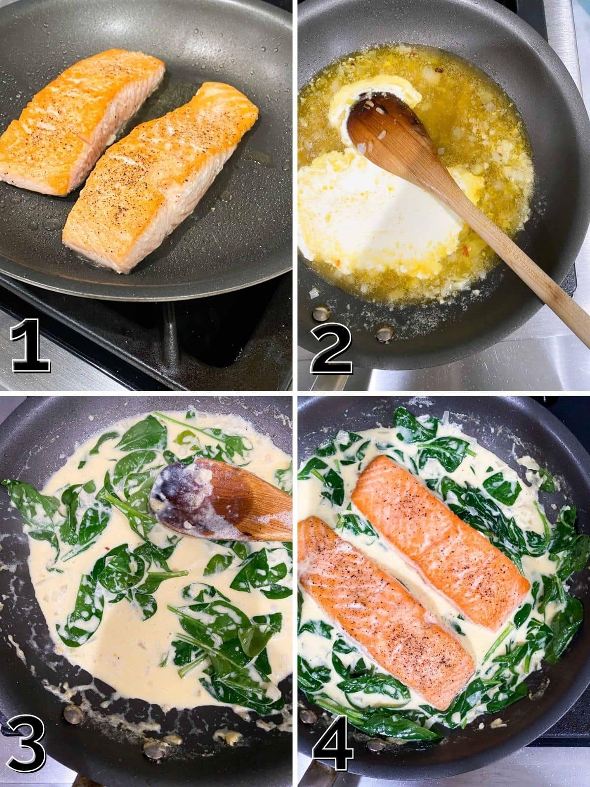 Searing salmon in a pan, making cream sauce, adding spinach, and replacing the salmon filets into the spinach cream sauce. 