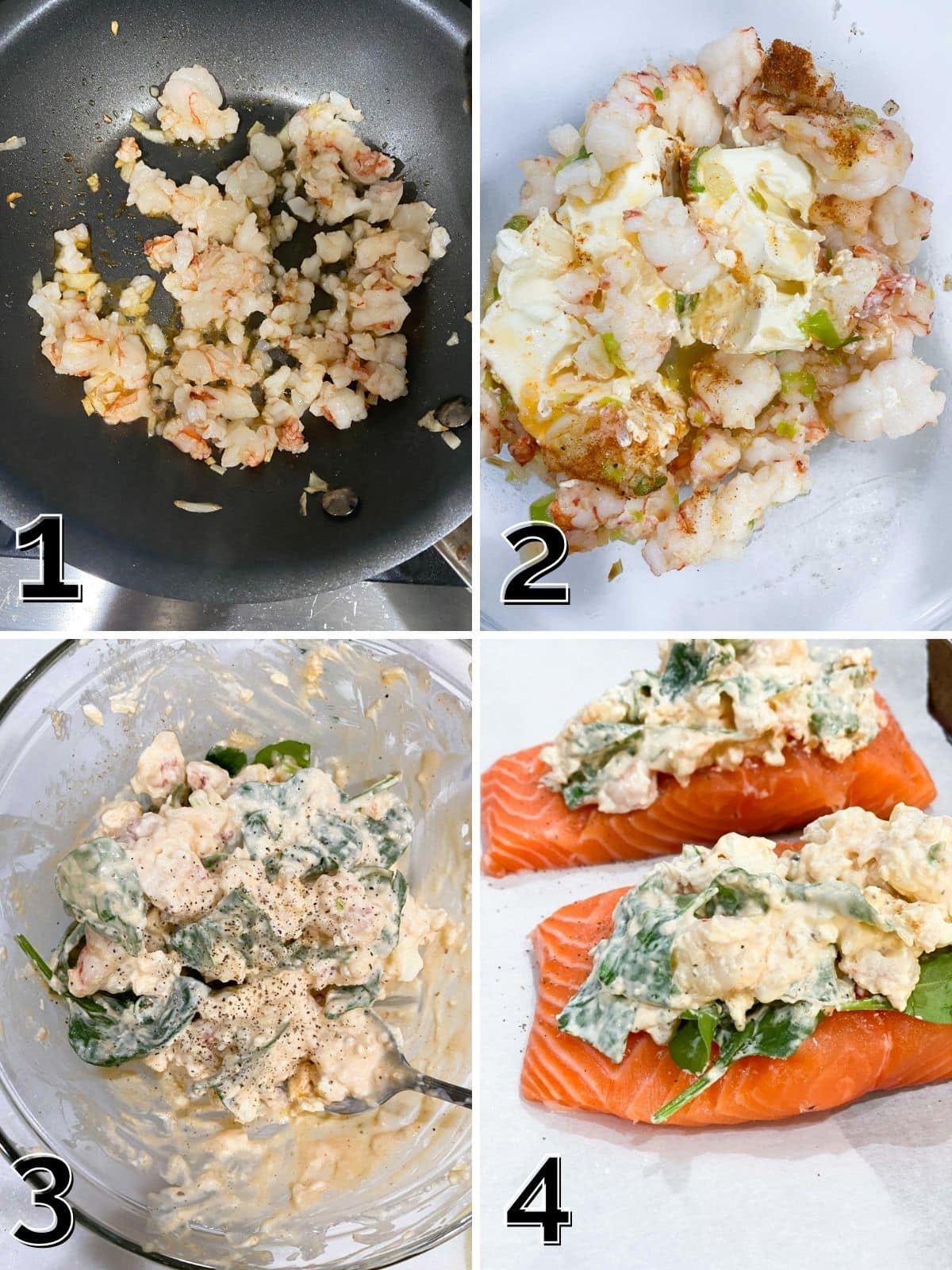 A step by step process for cooking shrimp, mixing with cream cheese and spinach, and stuffing into salmon filets to bake.