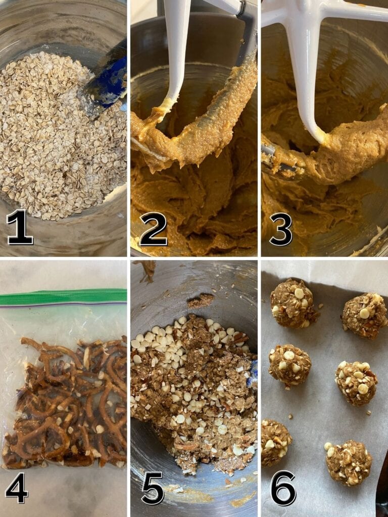 A step by step process for making cookies from forming the batter, mixing in pretzels, and placing on a baking sheet.