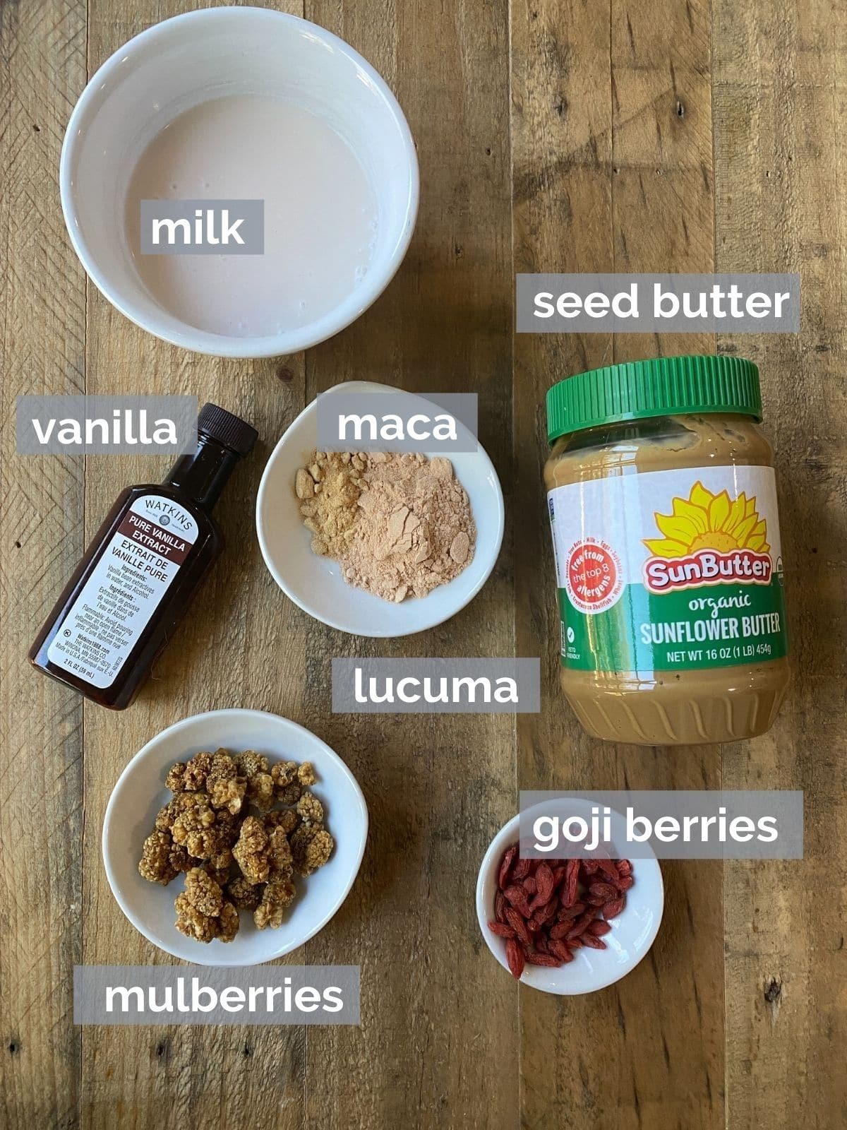 Ingredients for a maca smoothie on a table. 