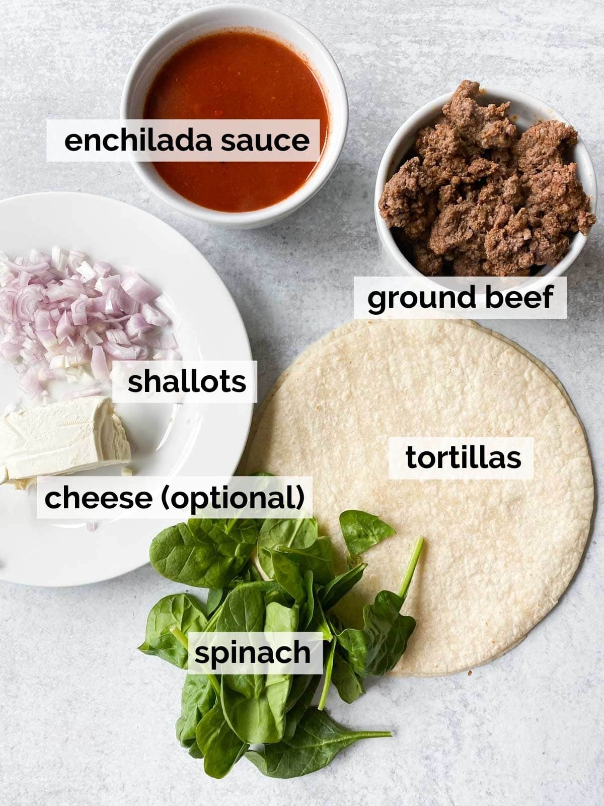 Ingredients for healthy enchiladas on a table - beef, tortillas, shallots, and sauce.