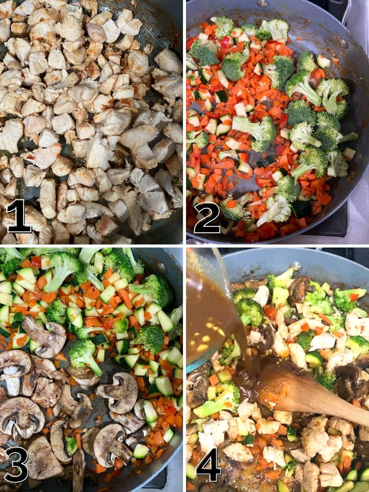 A step by step photo of making chicken stir fry, frying the meat and cooking the vegetables.