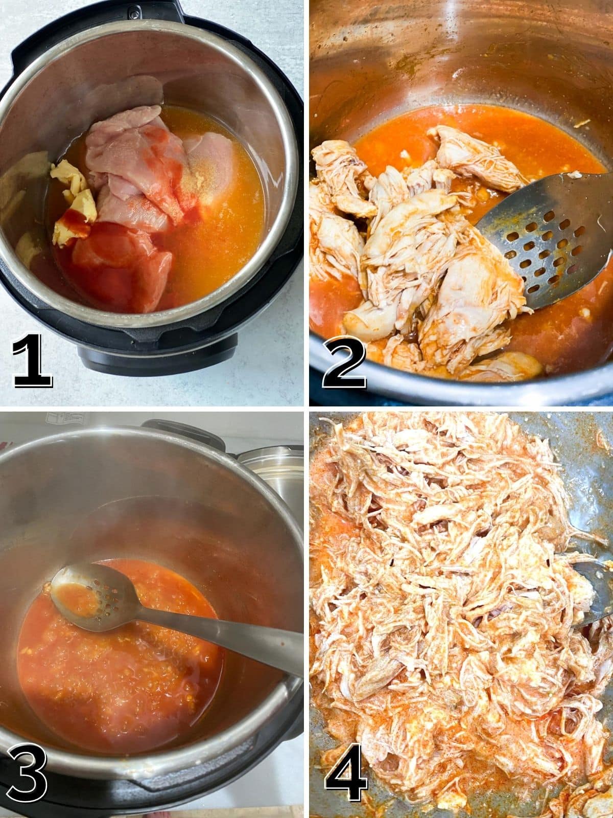 Step by step process shots of making shredded buffalo chicken in an instant pot.