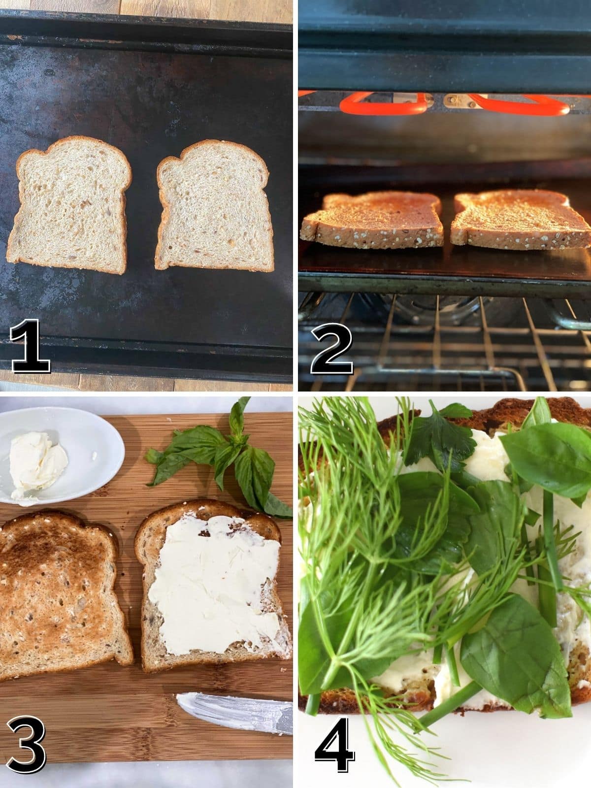 A step by step process shot with bread being toasted under a broiler and then topped with cream cheese.