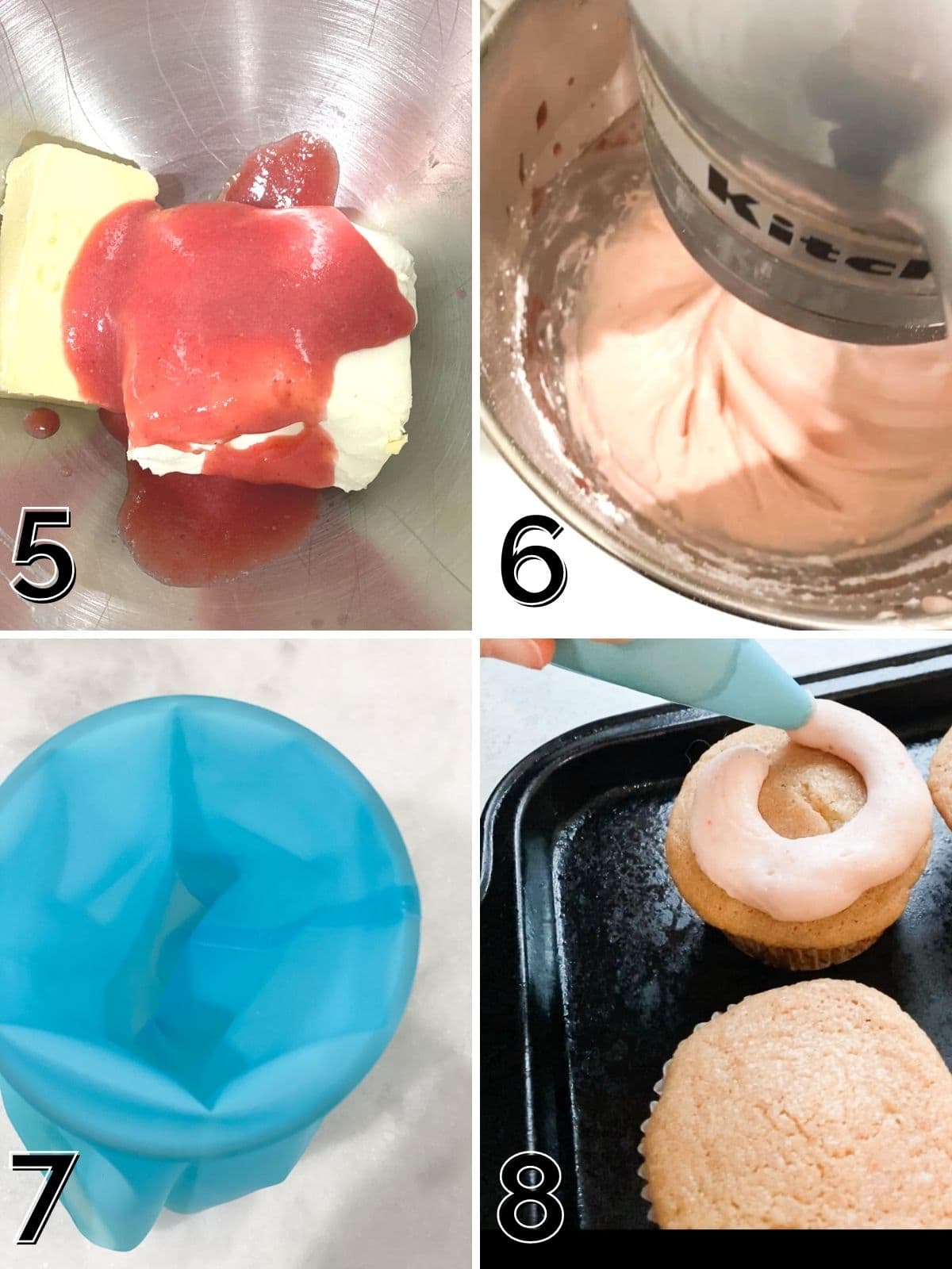 Mixing together cream cheese frosting and piping it on a cupcake.