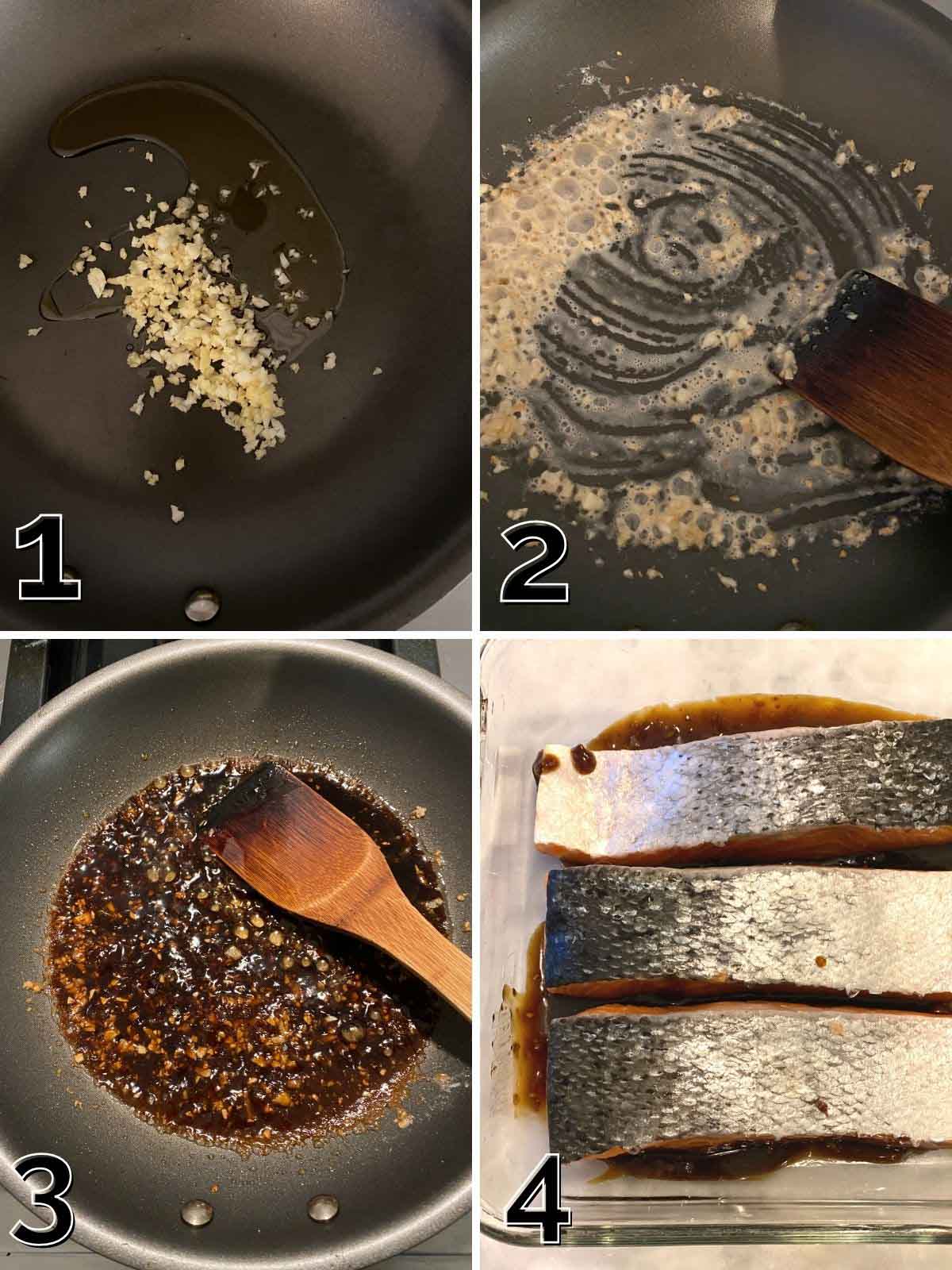 A step by step process for making teriyaki sauce and marinating salmon in it.