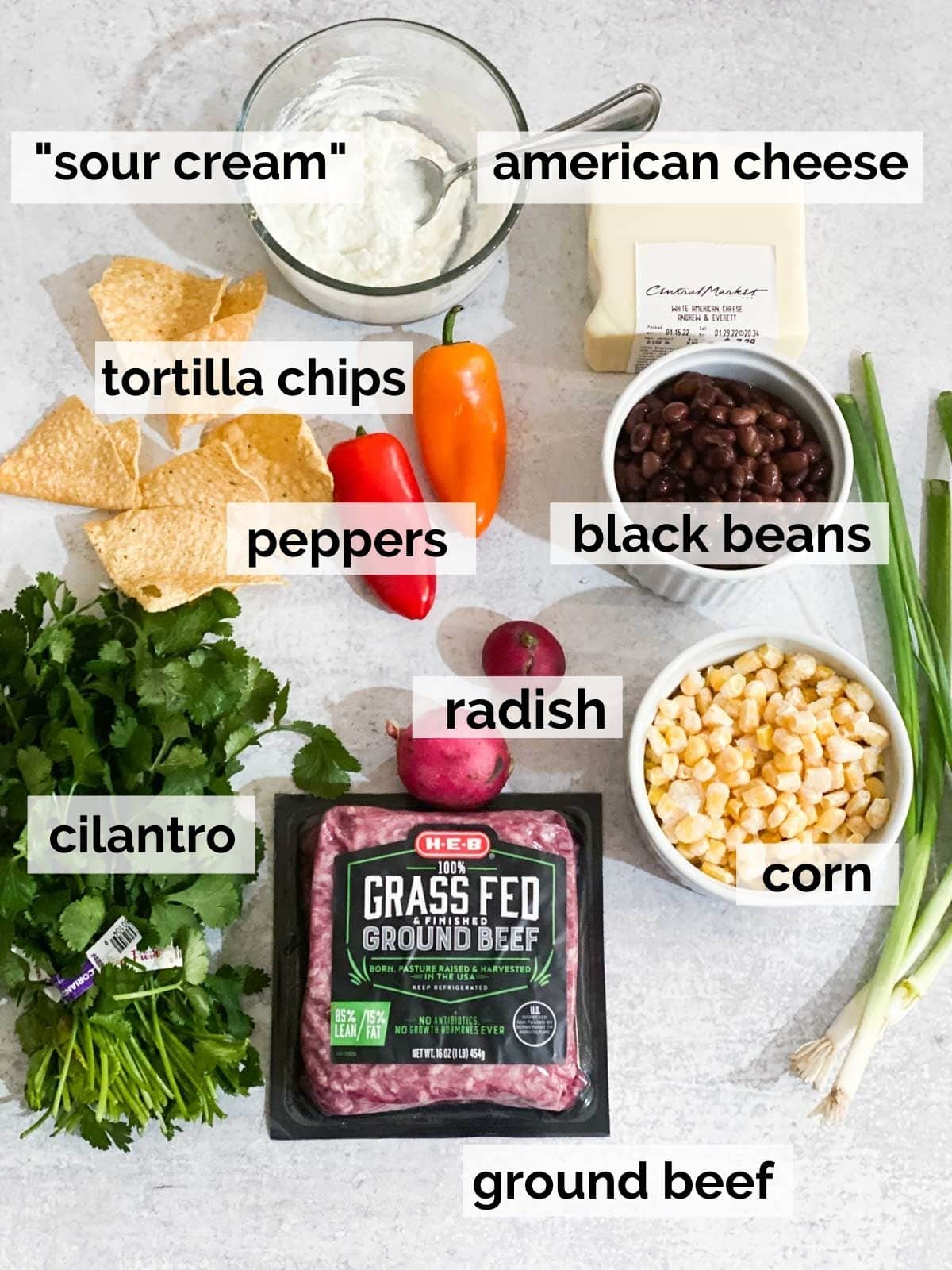 Ingredients for nachos like chips, beef, cheese, and black beans on a white background. 