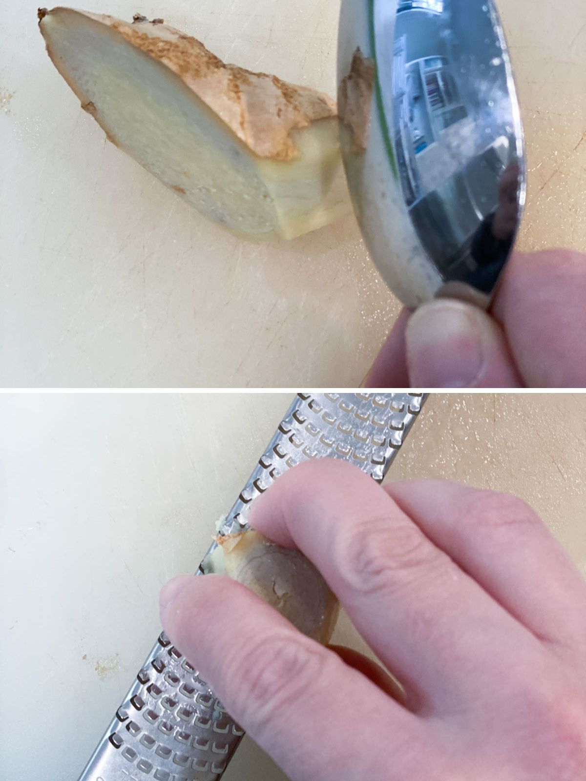 A spoon peeling ginger and then grating it on a microplane.