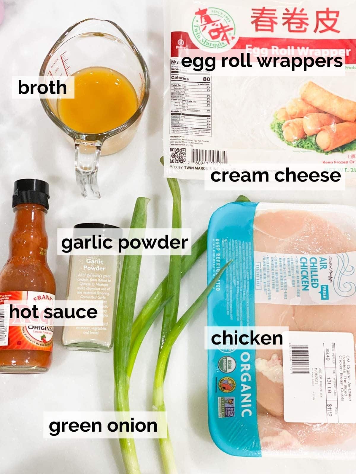 Ingredients for buffalo chicken and egg roll wrappers.