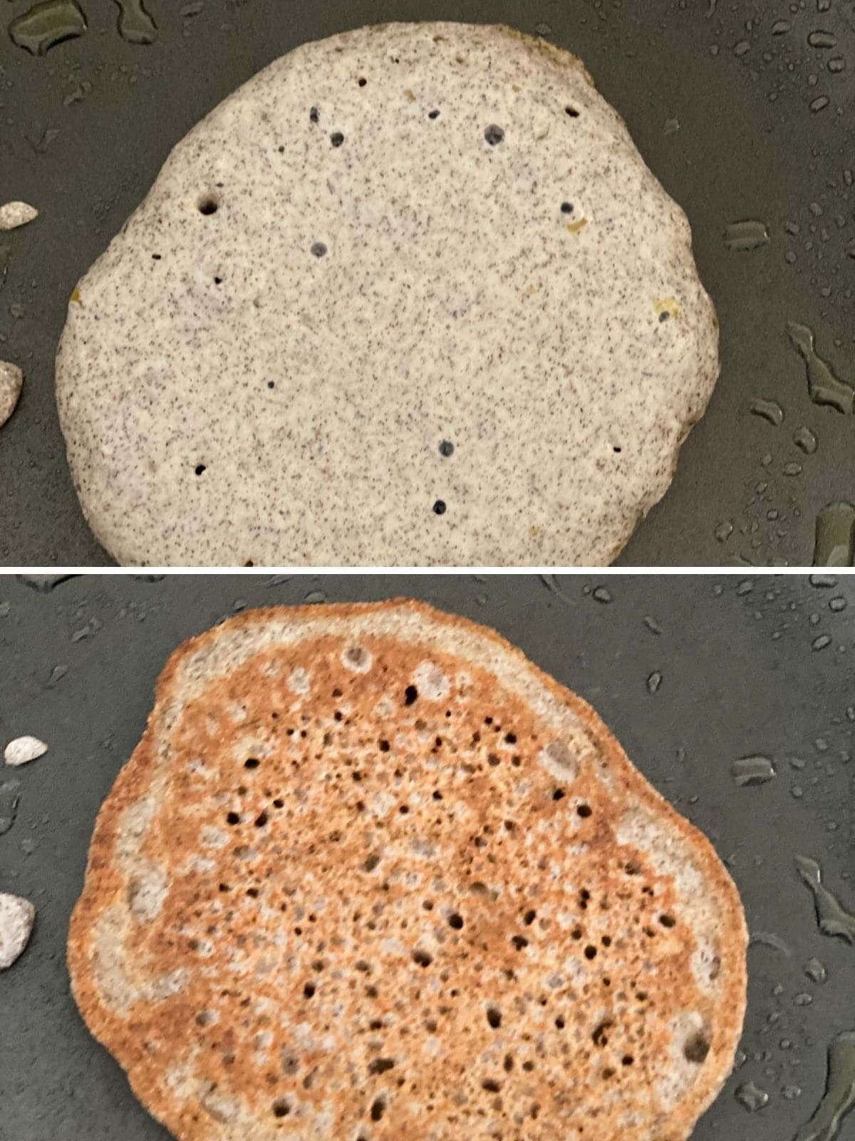 Showing bubbles in the batter and when to flip the pancake.