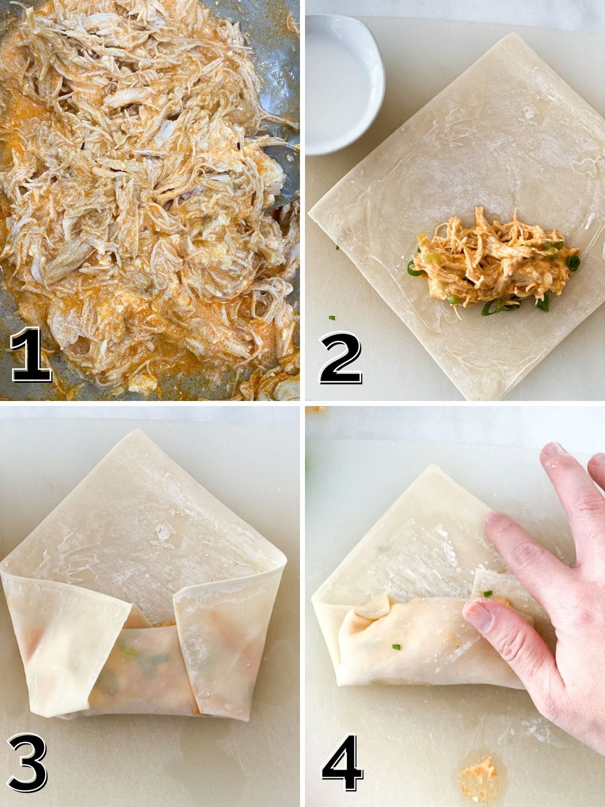 Step by step photos showing how to roll a buffalo chicken egg roll.