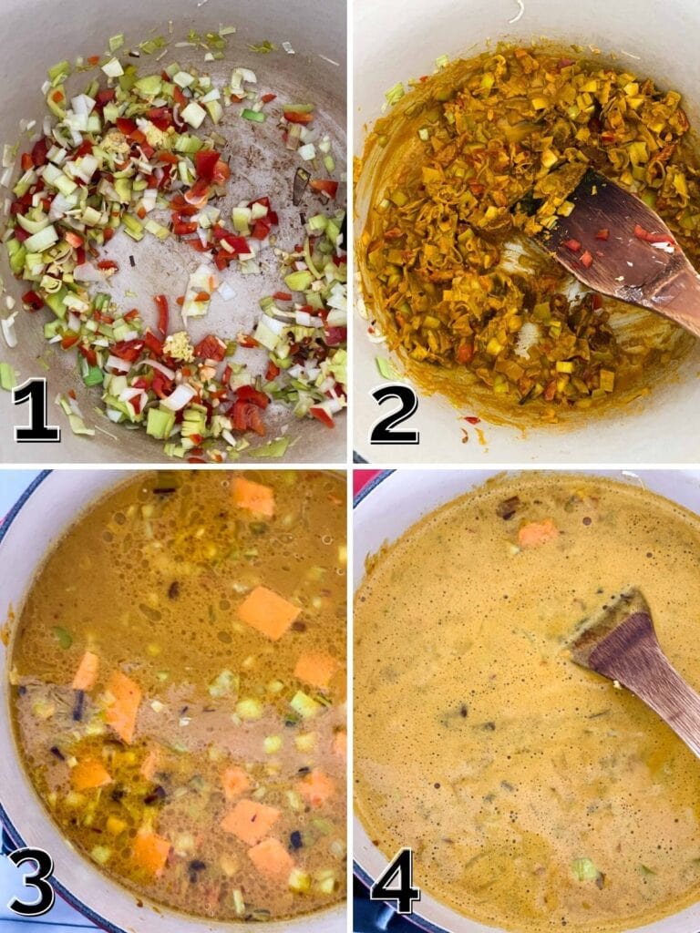 Step by step process of making sweet potato soup.
