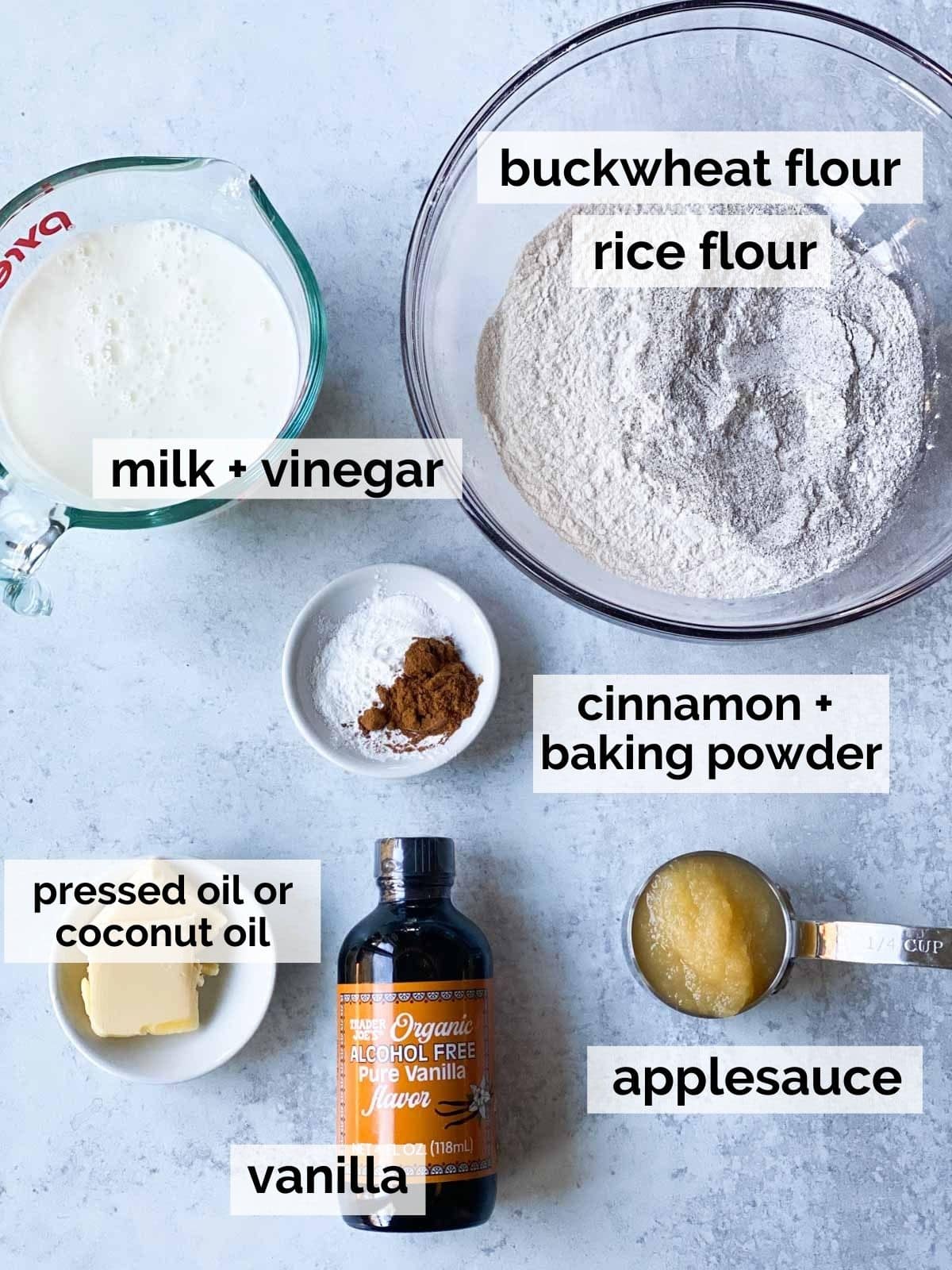 Ingredients for pancakes on table.