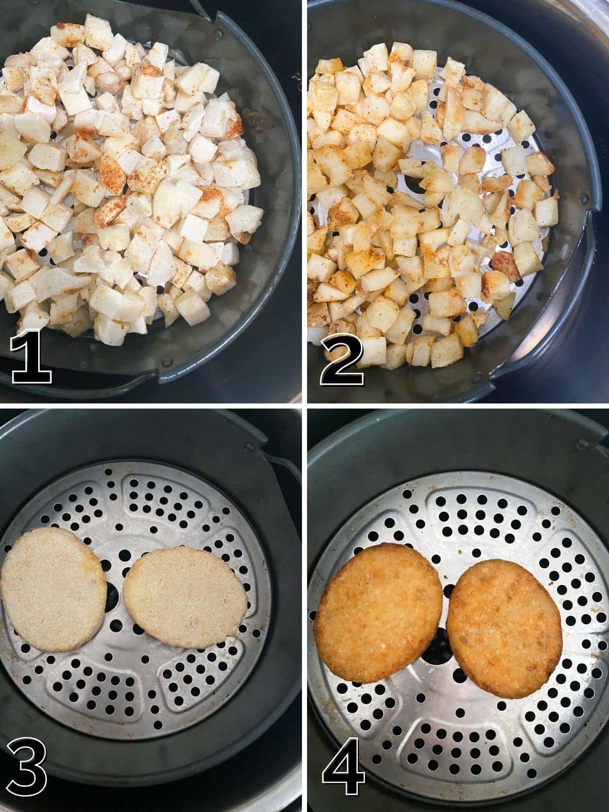 Frozen diced potatoes in the air fryer basket.