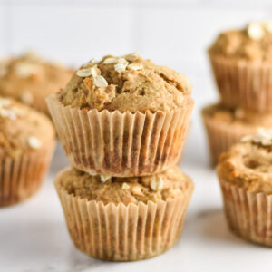 Banana applesauce muffins topped with oats.