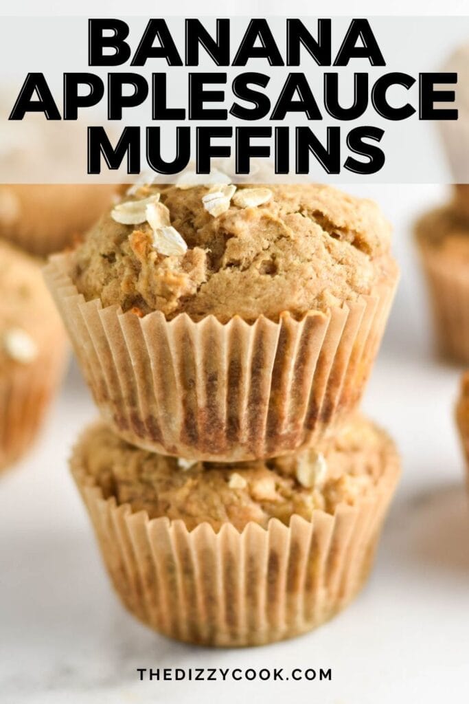 Two banana applesauce muffins stacked on top of each other.