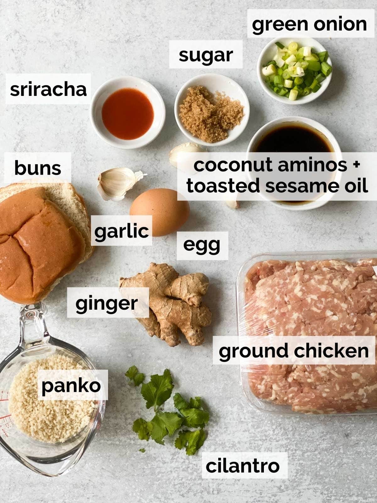 Ingredients for chicken teriyaki burgers.