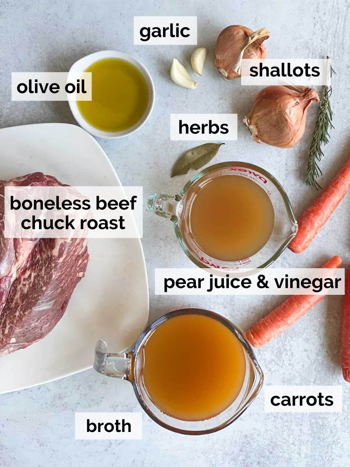 Chuck roast, broth, carrots, and herbs on a table.