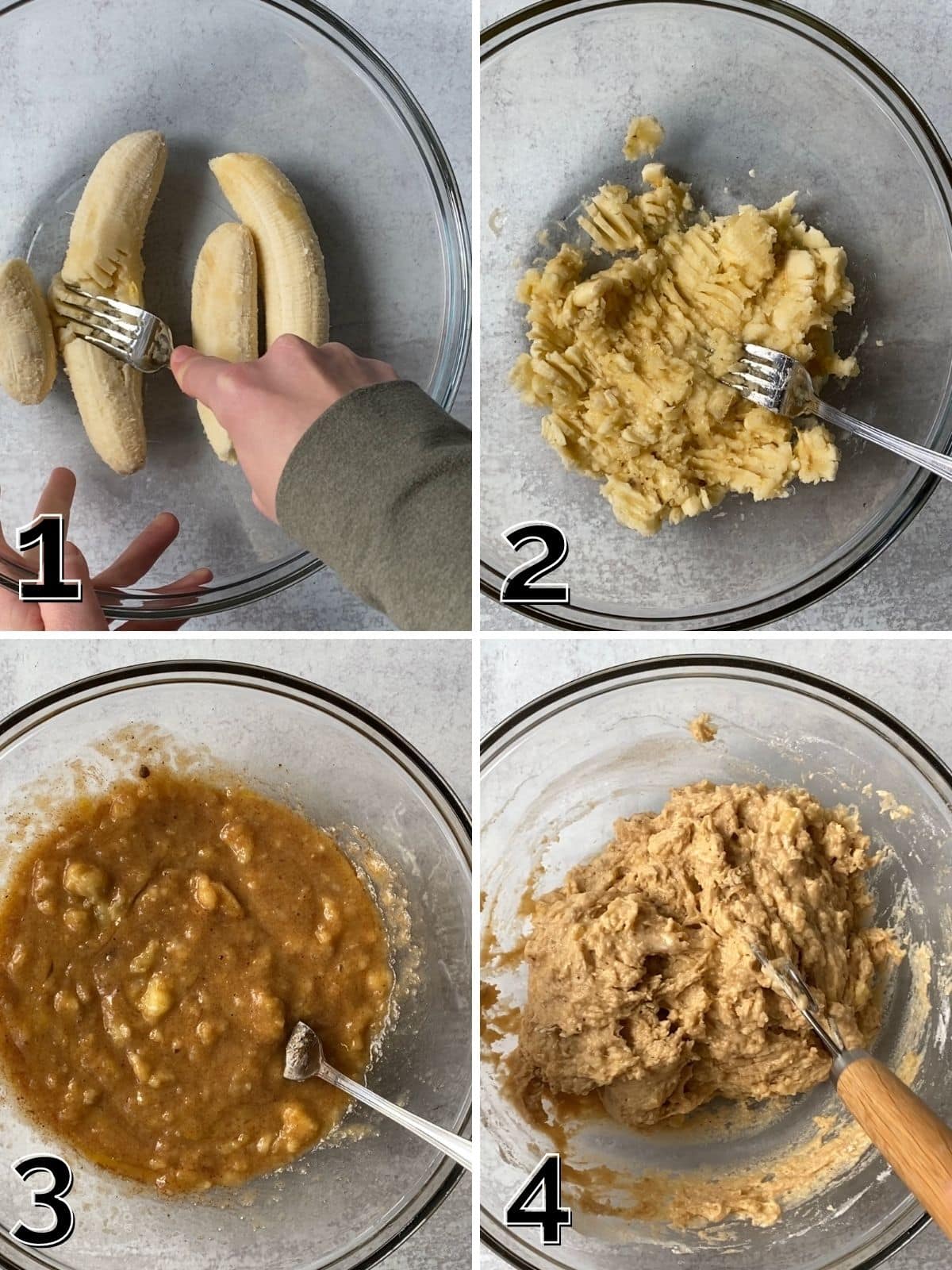 How to mash bananas and make muffin batter.