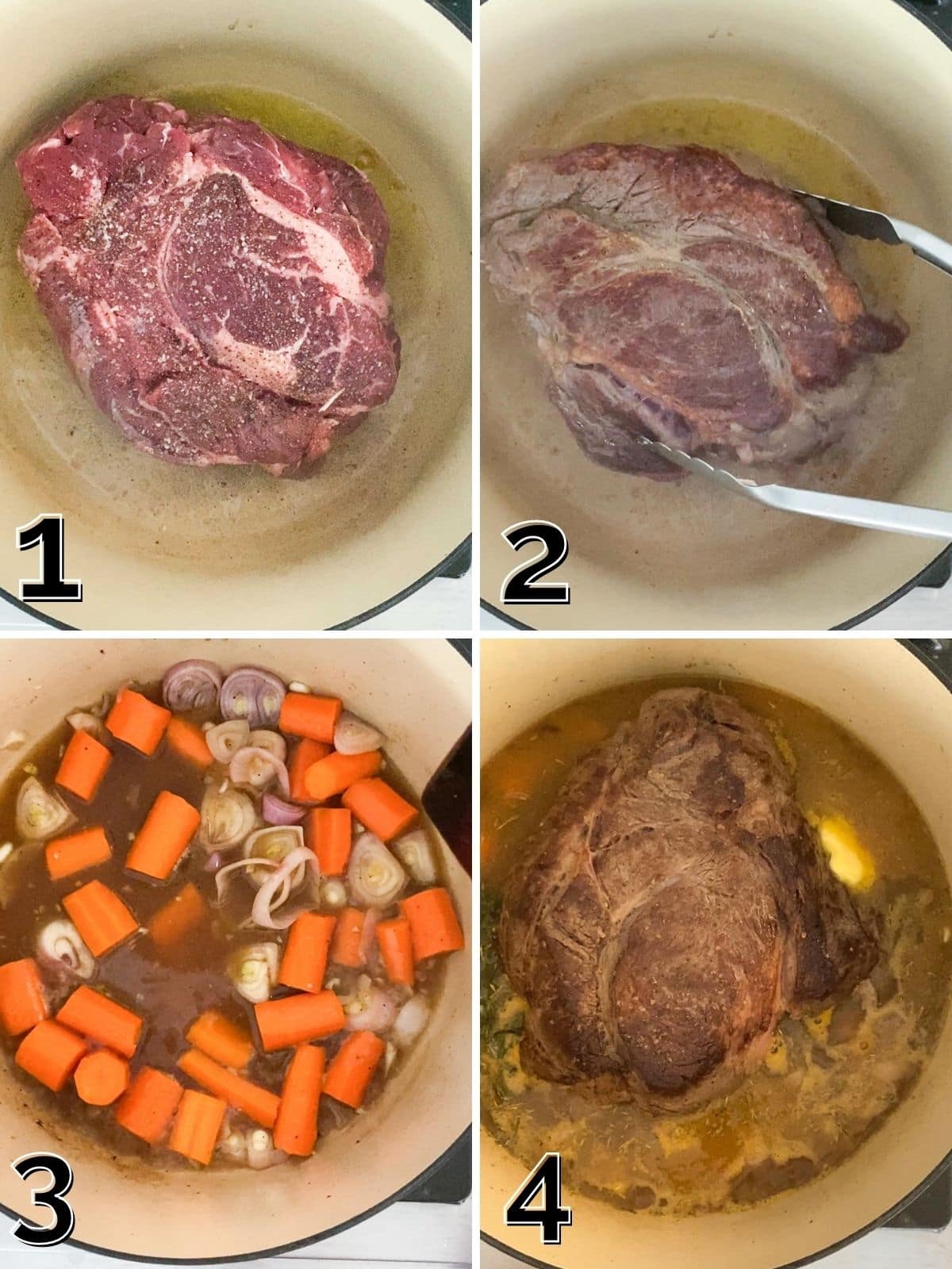 Searing chuck roast in a Dutch oven and adding vegetables.