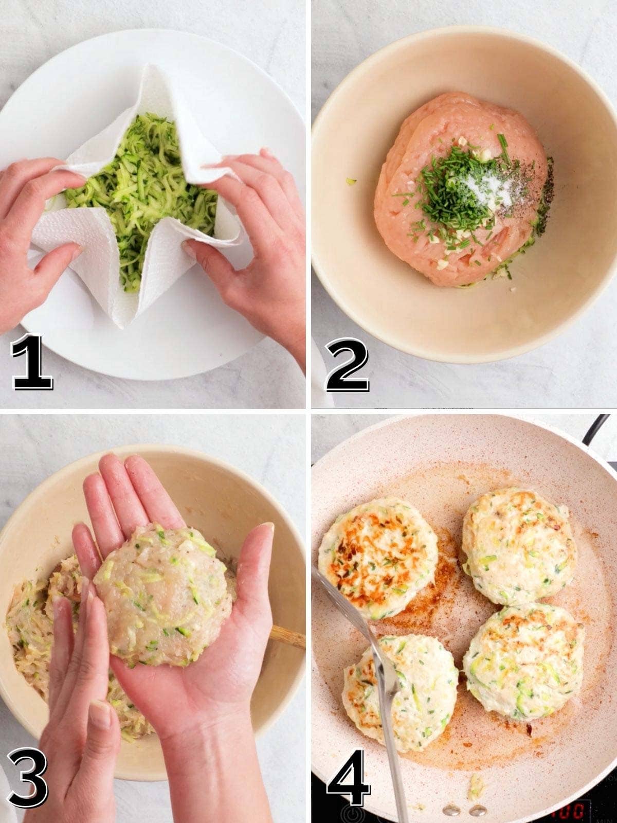 Step by step photos making chicken poppers with zucchini.