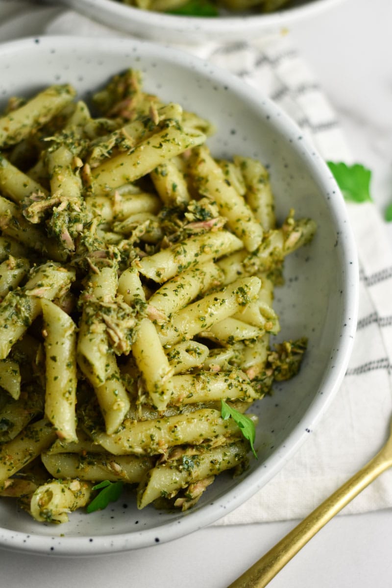 Pasta coated with homemade pesto.