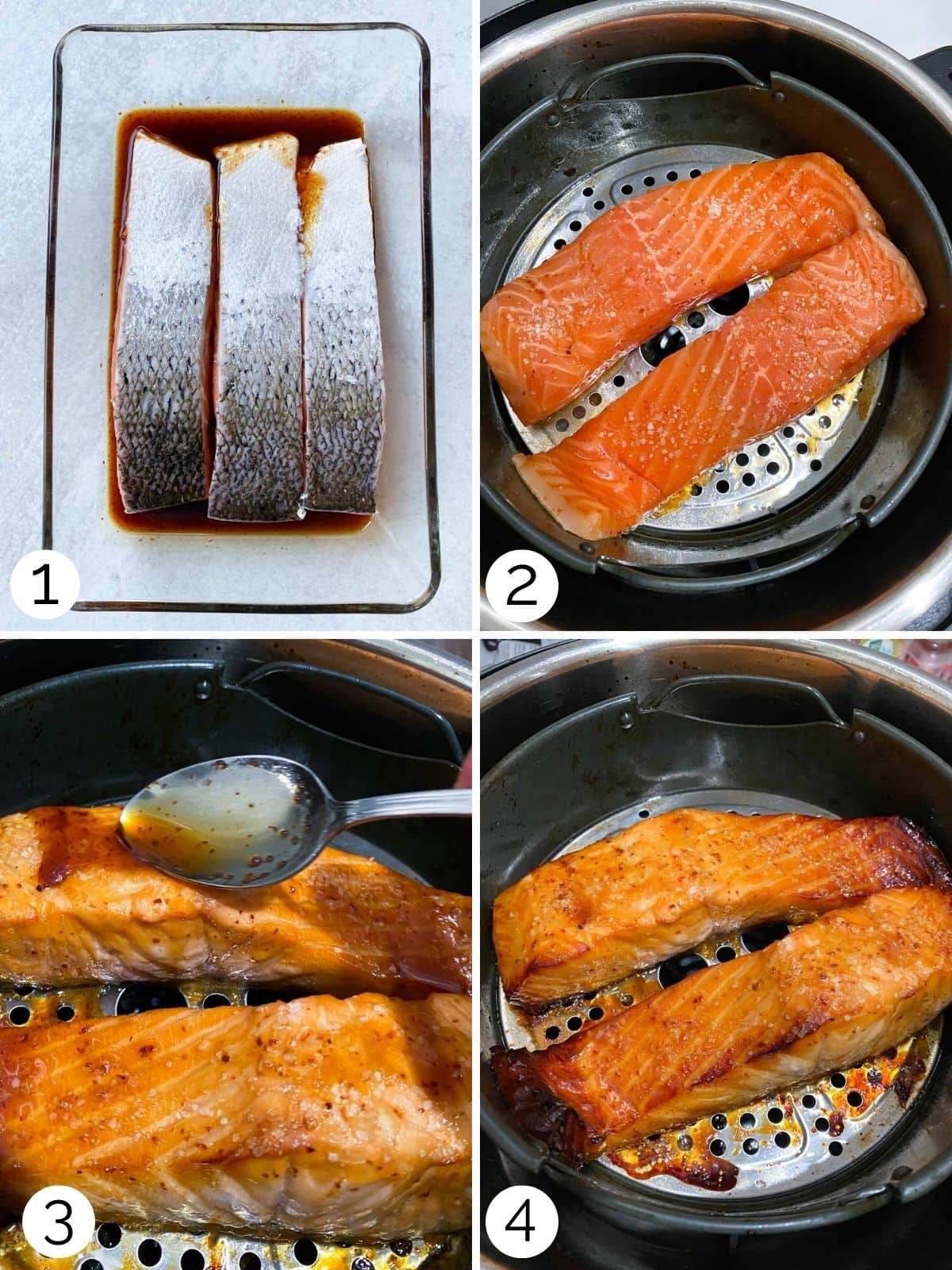 Marinating and cooking salmon fillets in an air fryer.