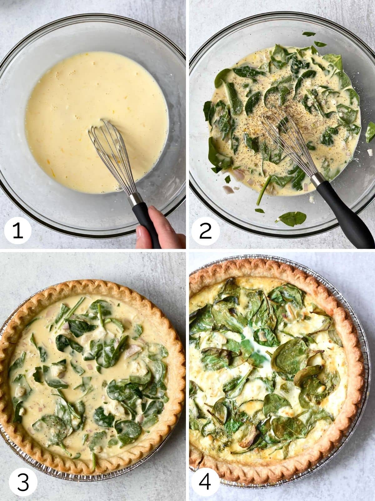 Process photos for making a spinach and cheese quiche.