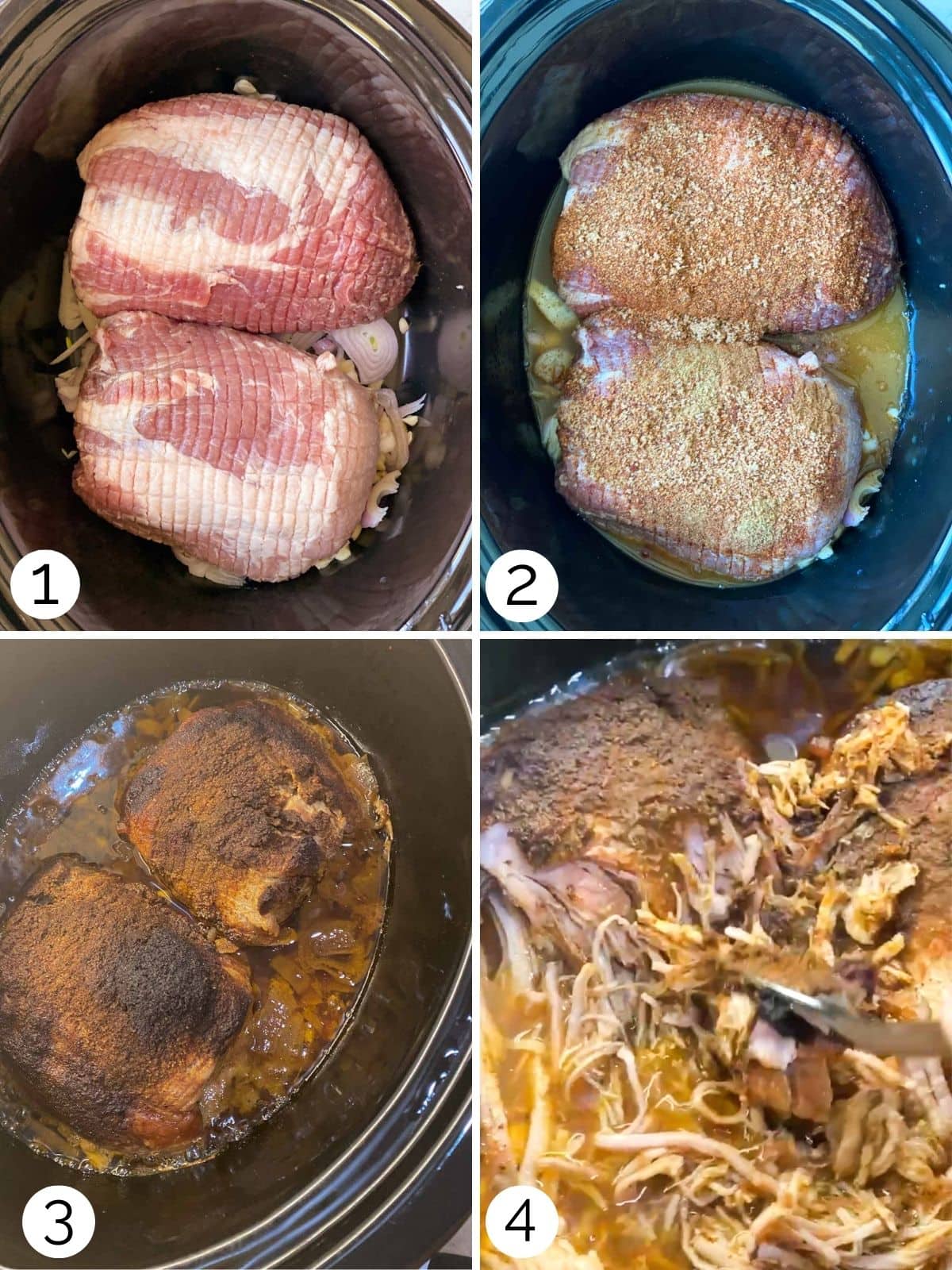 Step by step process of slow cooking pork shoulder.