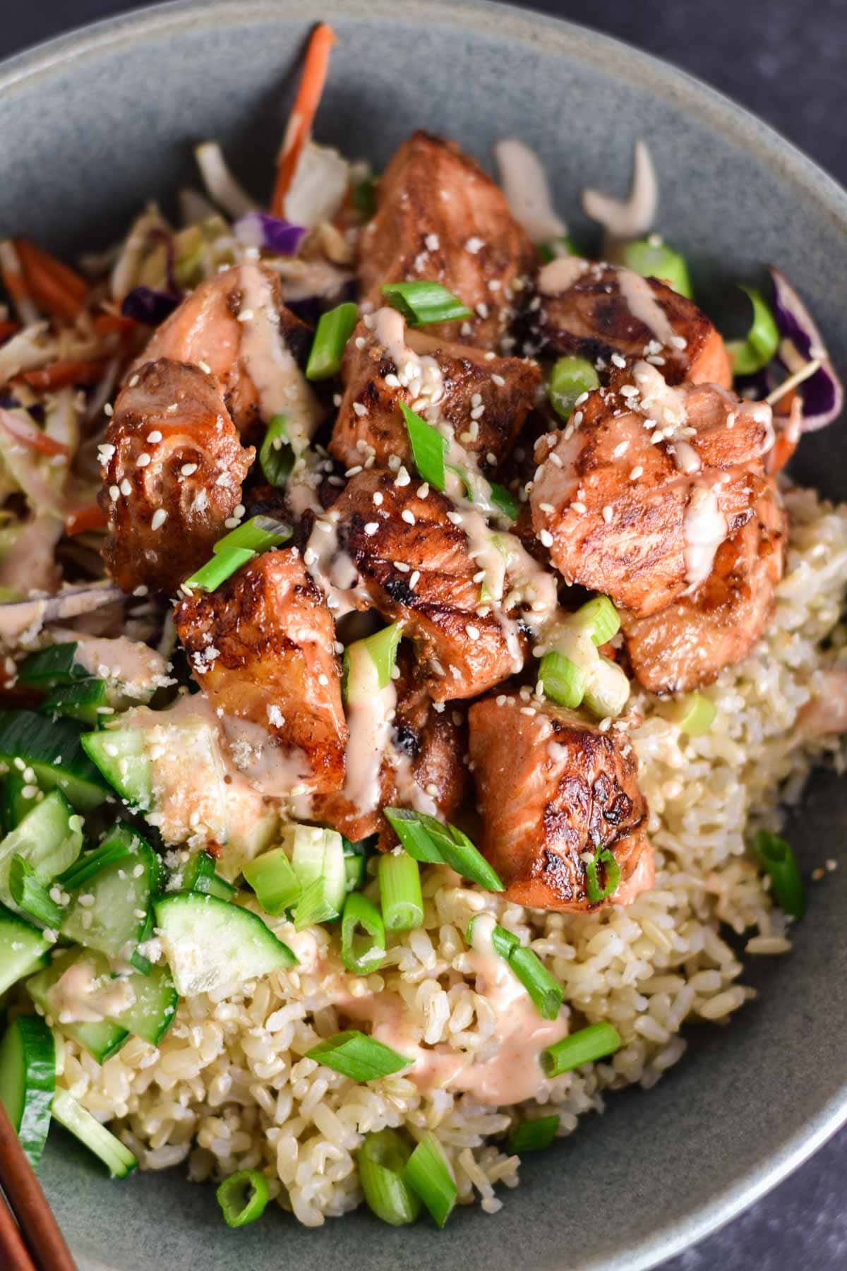 Spicy salmon in a bowl.