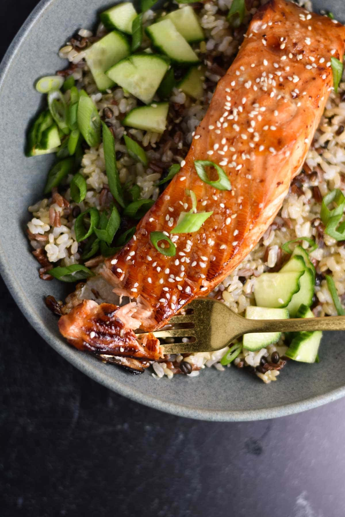 Salmon on top of rice with green onion and cucumber.