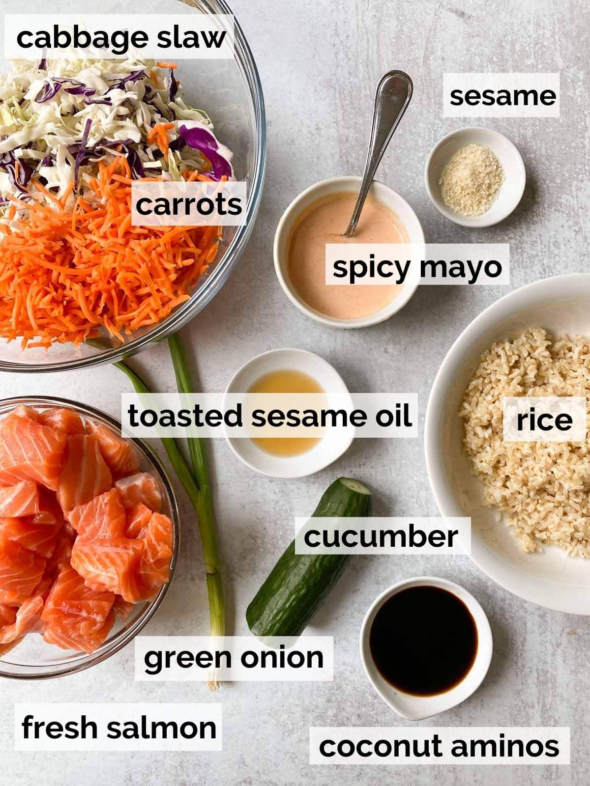 Ingredients for spicy salmon bowls.