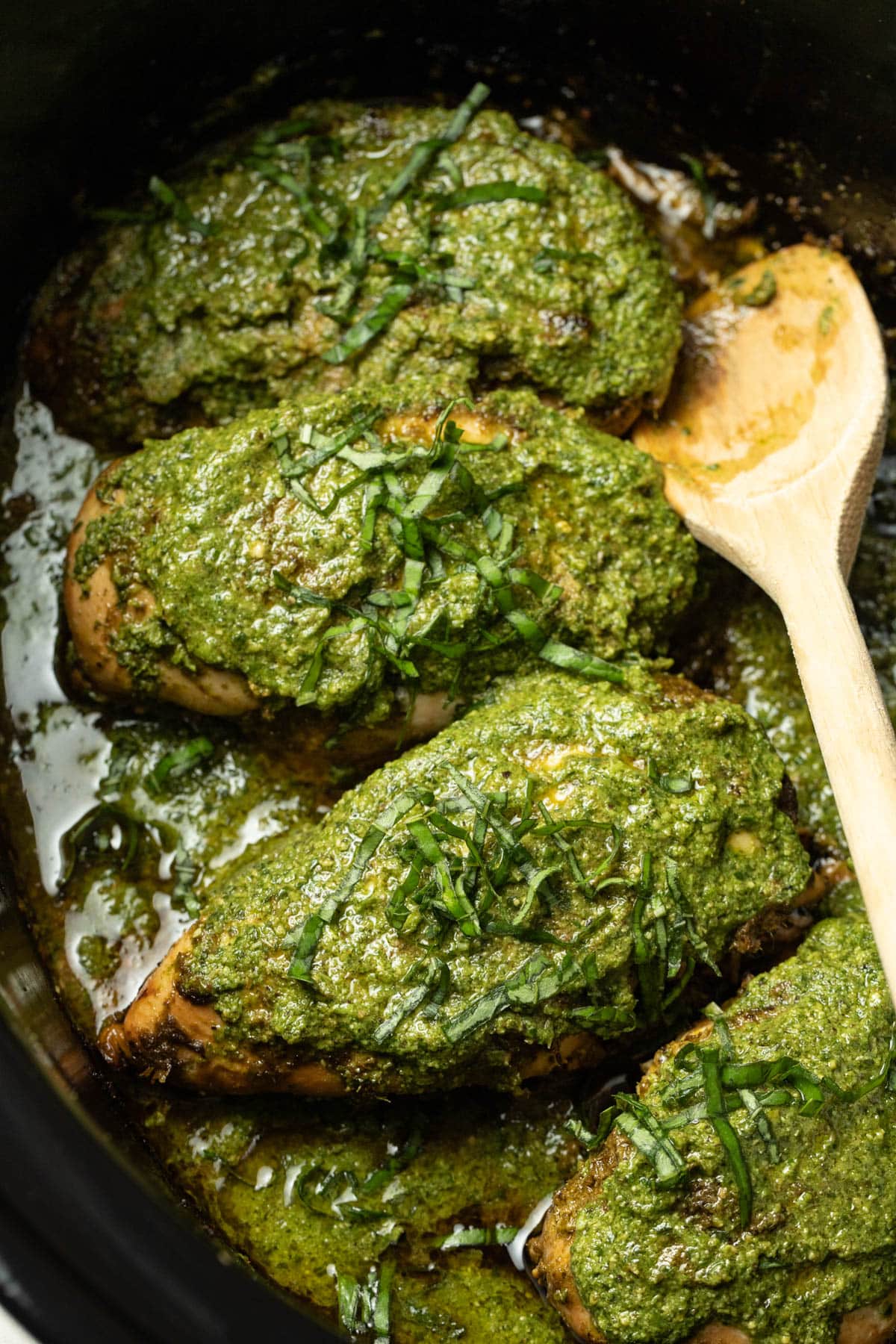 Pesto chicken in the crockpot.