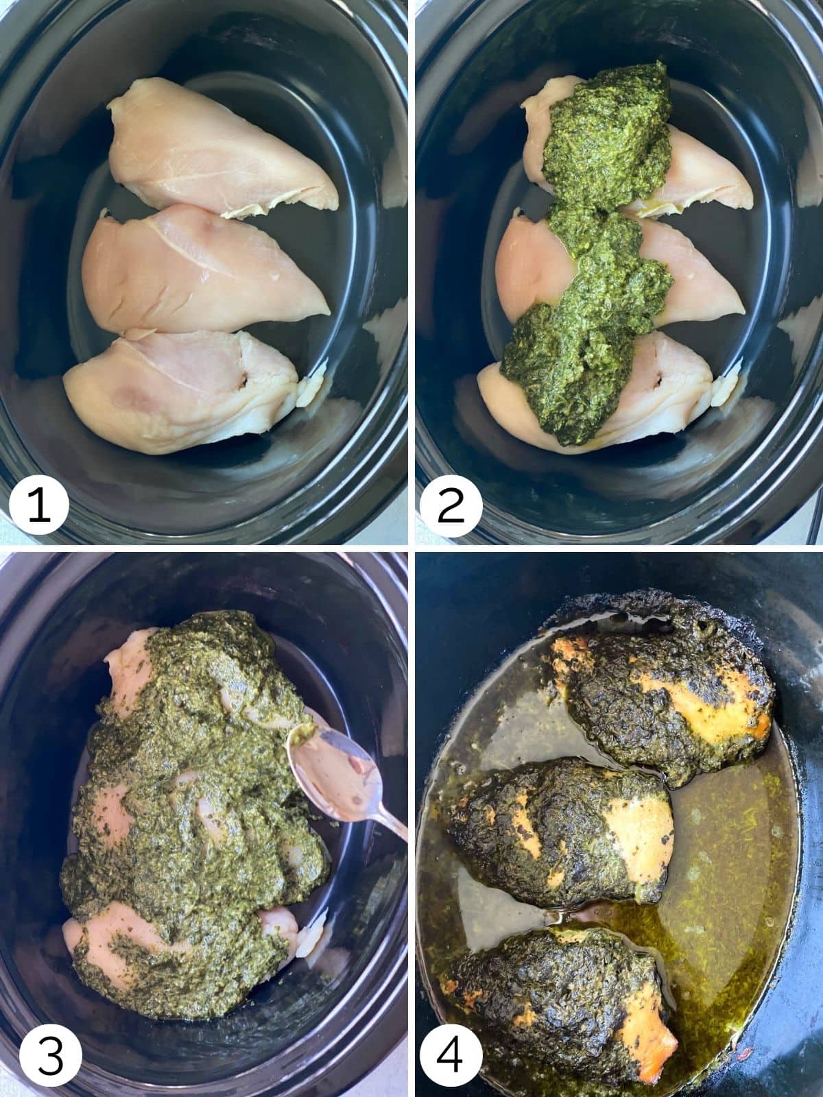 Step by step process photos for how to make pesto chicken in a crockpot.